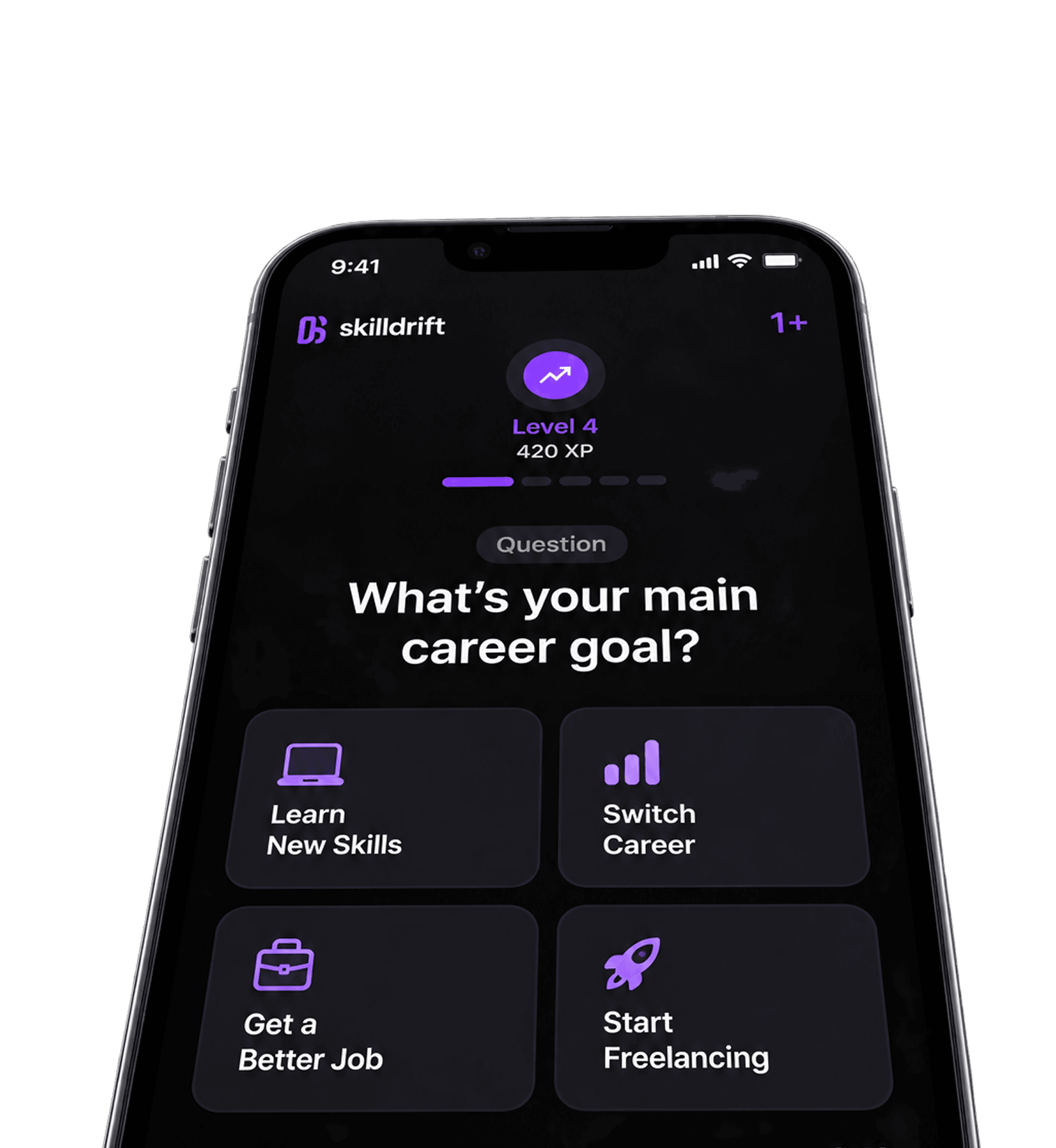 The SkillDrift app asking what your main career goal is