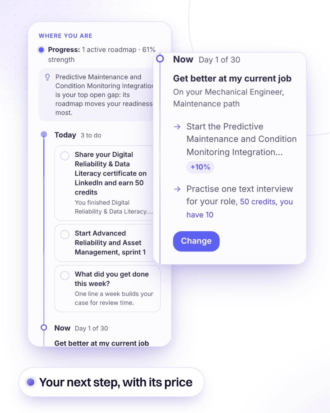 A maintenance engineer's plan in SkillDrift: three steps for today, the next roadmap priced at 50 credits against a balance of 10 with the readiness it adds, and what Senior Maintenance Engineer jobs ask for, gap by gap
