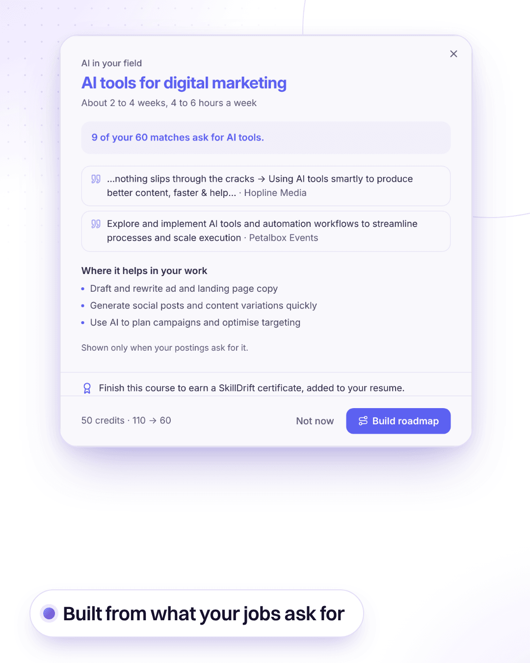 An AI course in SkillDrift built from the jobs a person matches: AI tools for digital marketing, because 9 of their 60 matches ask for AI tools, with lines quoted from two employers and the price before building