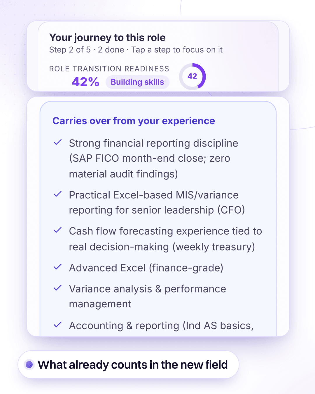 An accountant's path to Financial Analyst in SkillDrift: 42% role transition readiness, the skills that carry over from their experience, the ones that do not carry over yet, and the skills compared with what the role needs