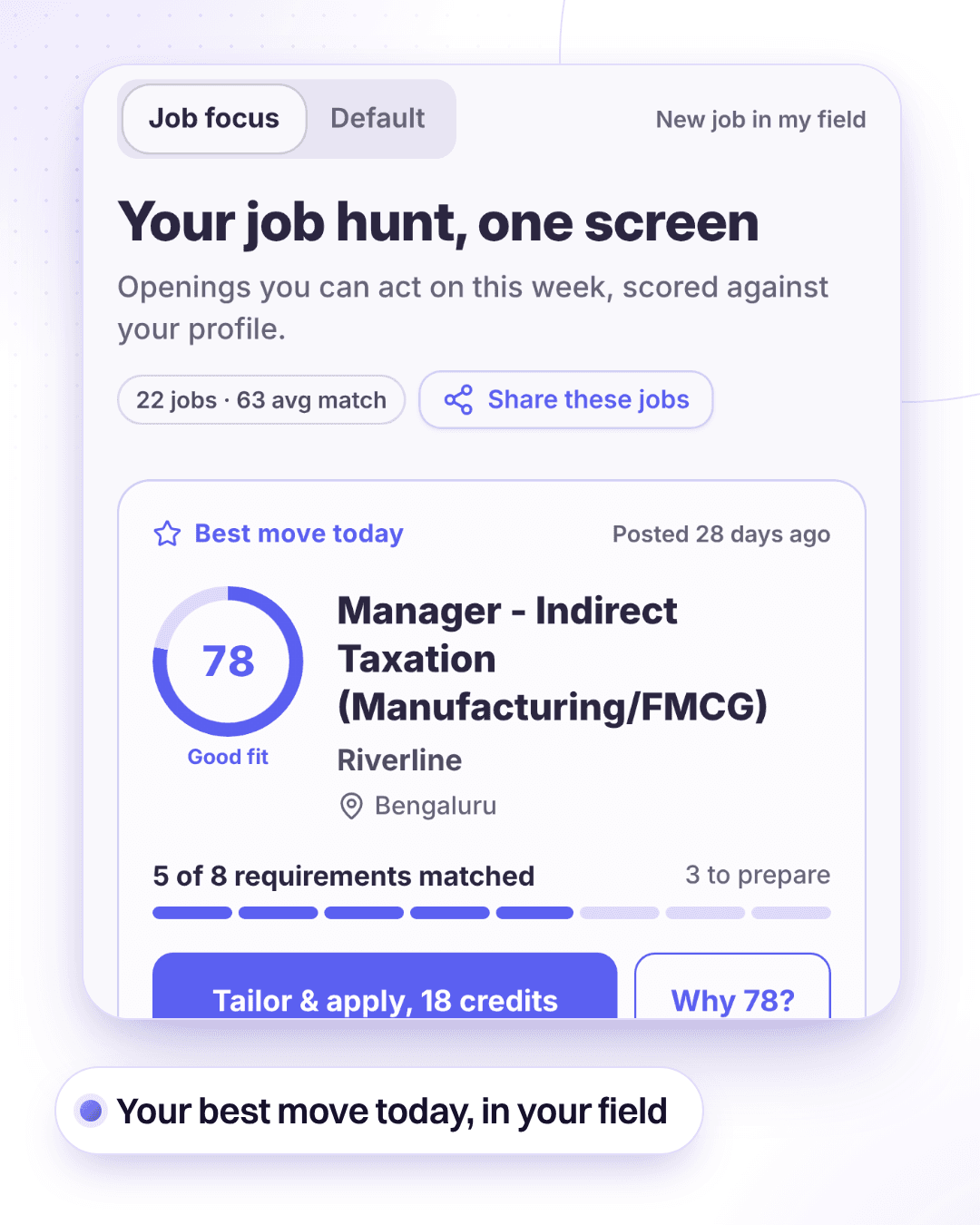 The SkillDrift dashboard for someone moving to a new job: the best move today scored out of 100, jobs in their field and the plan for today