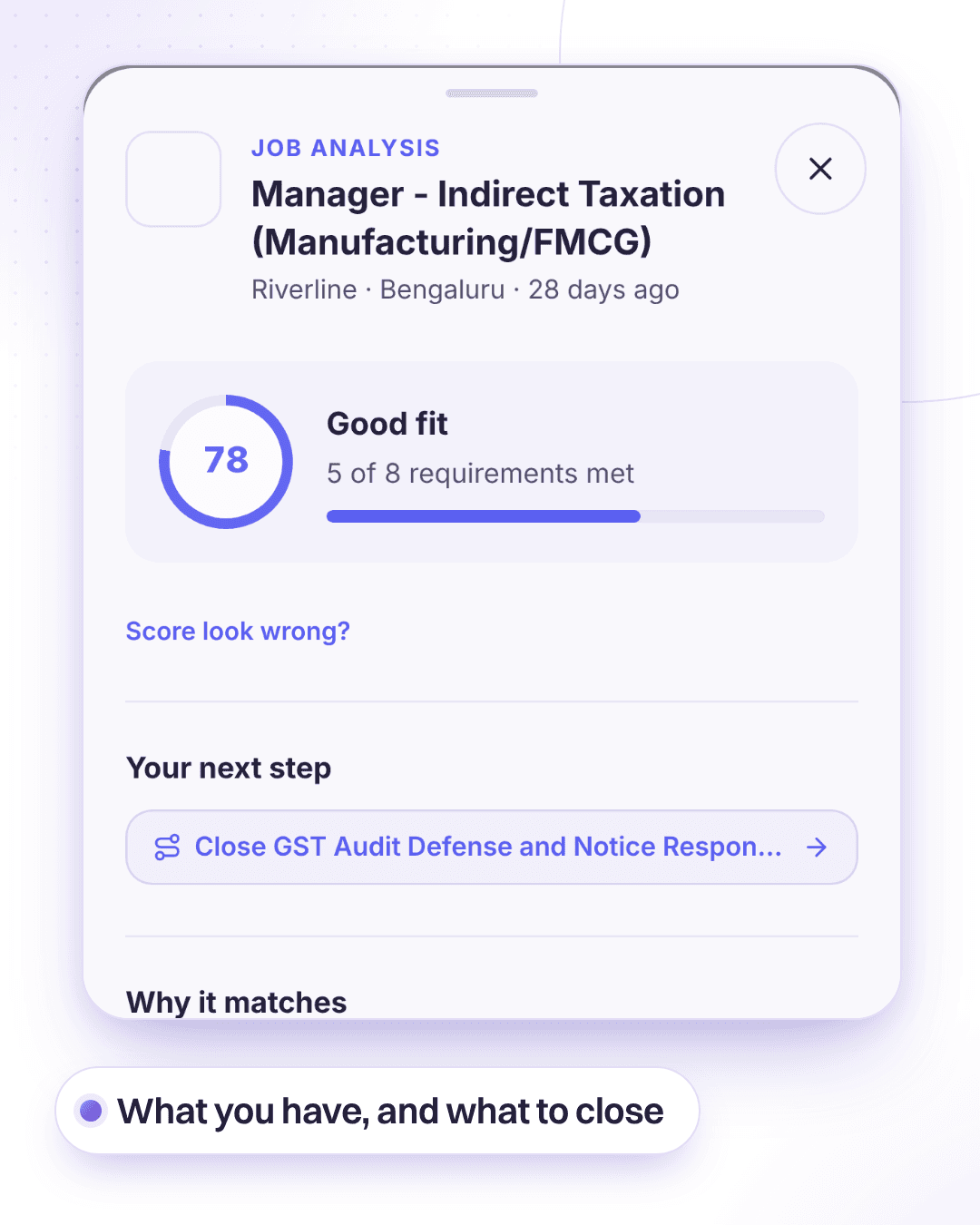 A SkillDrift job analysis: a tax manager job scored 78 out of 100, with what you have and what to close