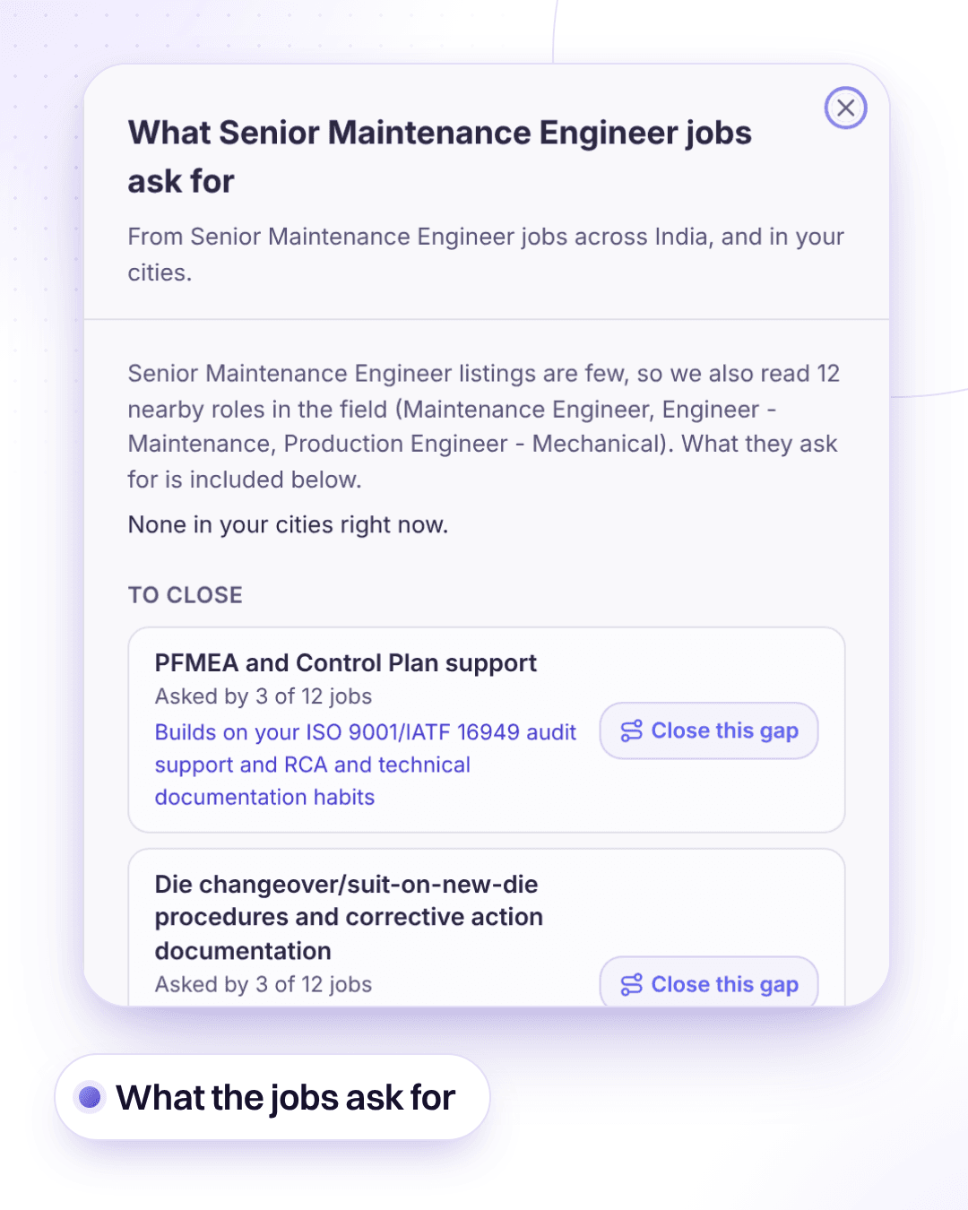 What Senior Maintenance Engineer jobs ask for, read from live postings across India: PFMEA and Control Plan support asked by 3 of 12 jobs, each gap with a button to close it, beside the learning roadmap for Advanced Reliability and Asset Management