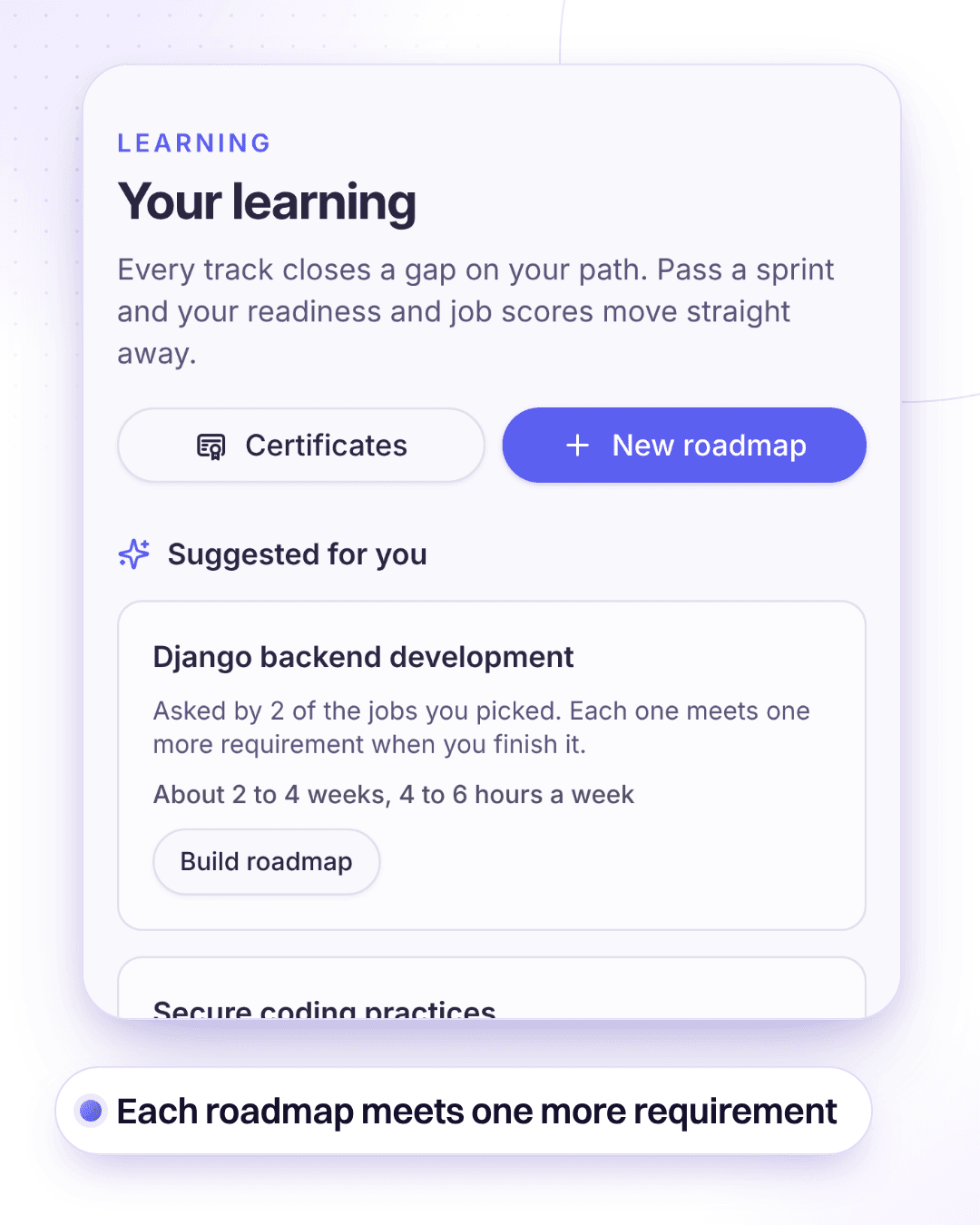 SkillDrift learning roadmaps built from the gaps in the jobs you picked