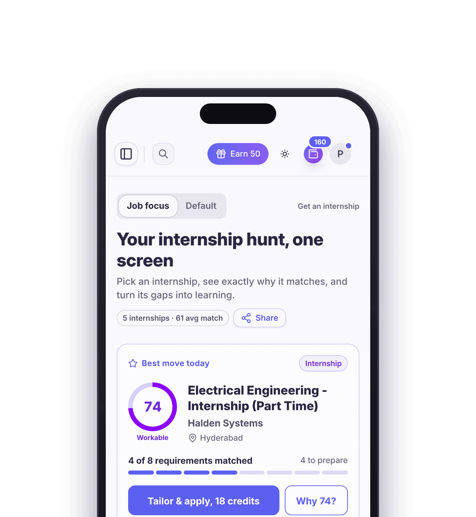 SkillDrift on a phone: the best move today, an electrical engineering internship scored 74 out of 100 with 4 of 8 requirements matched