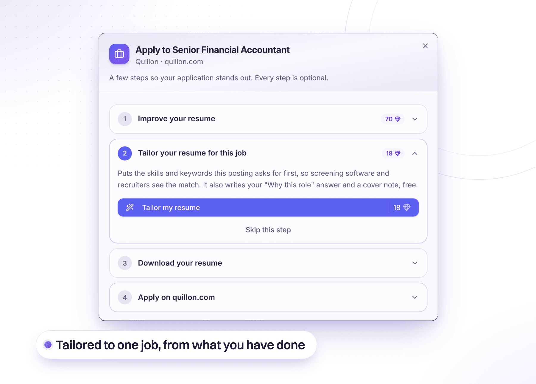 The Apply Kit for a Senior Financial Accountant job: improve your resume, tailor it for this job for 18 credits, download it, then apply on the company site