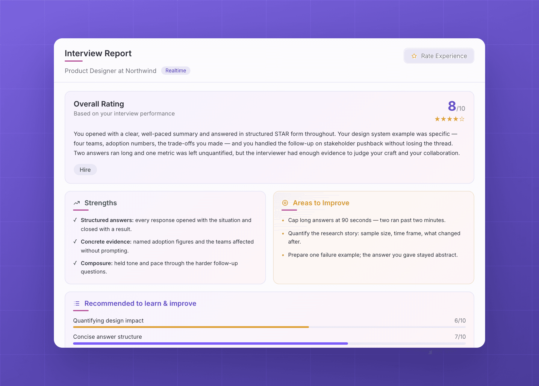 A SkillDrift mock interview in progress with its scorecard